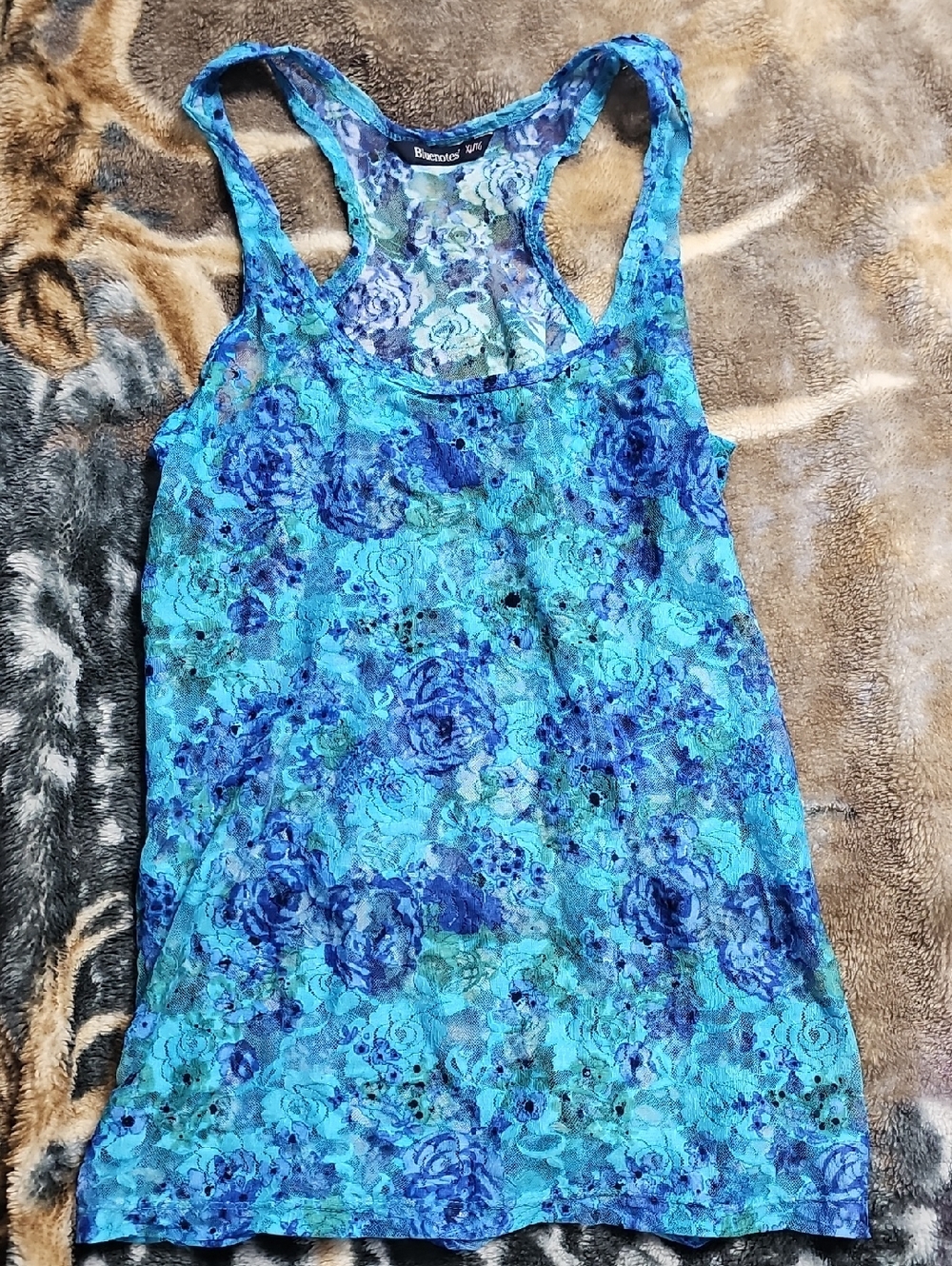 Bluenotes Turquoise and Navy Floral Lace Racerback Tank